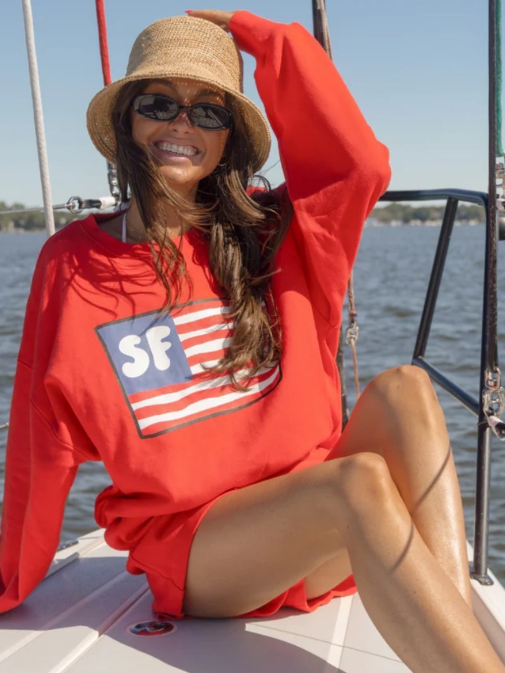 Starfit Womens red Americana flag Crewneck sweatshirt shorts set S